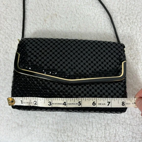 Vintage Metal Mesh Crossbody Bag Black Gold Trim Evening Clutch Glam Retro - Picture 10 of 12